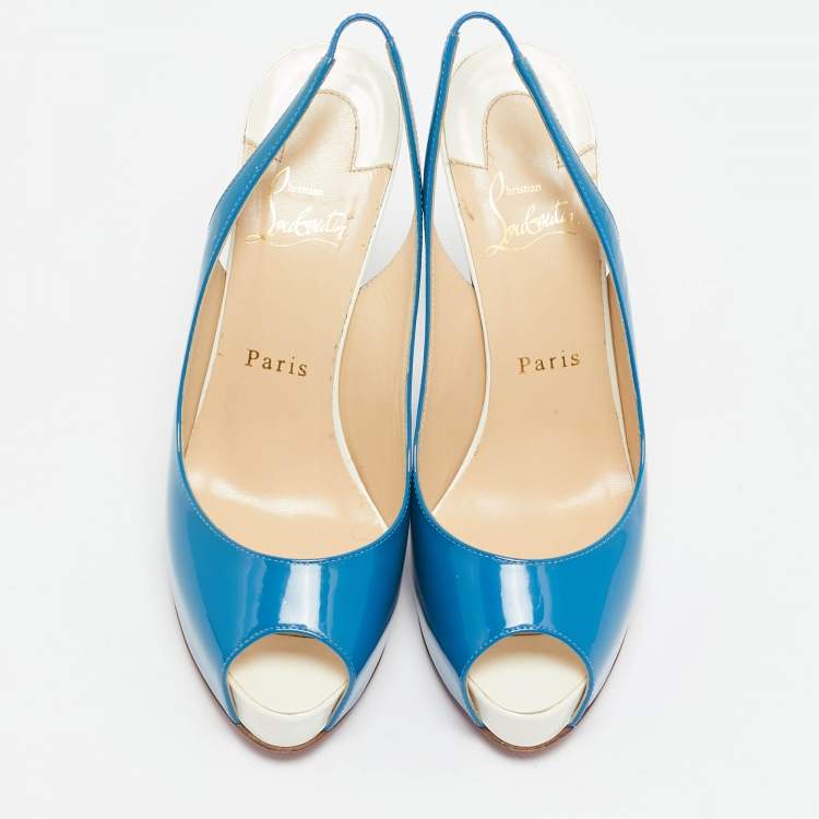 Pre Owned Christian Louboutin Blue/White Patent Leather Private Number Sandals Size 37.5