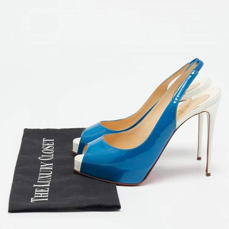 Pre Owned Christian Louboutin Blue/White Patent Leather Private Number Sandals Size 37.5