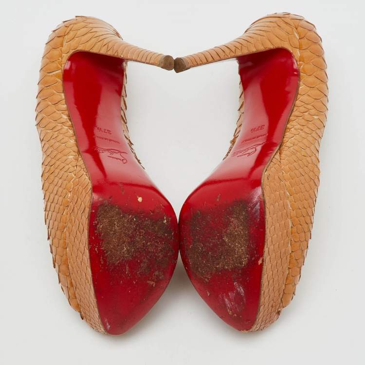 Pre Owned Christian Louboutin Beige Snakeskin Leather Platform Lady Peep Toe Pumps Size 37.5