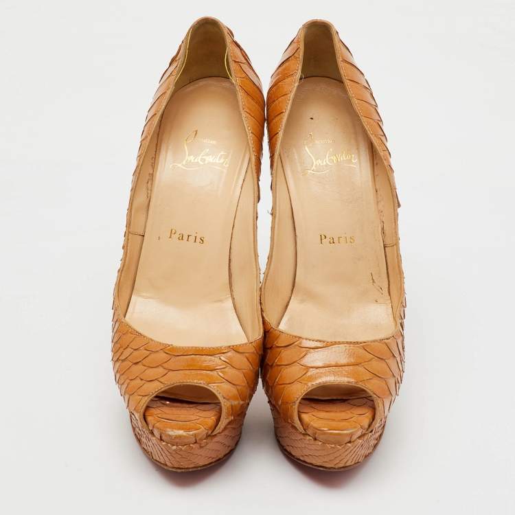 Pre Owned Christian Louboutin Beige Snakeskin Leather Platform Lady Peep Toe Pumps Size 37.5