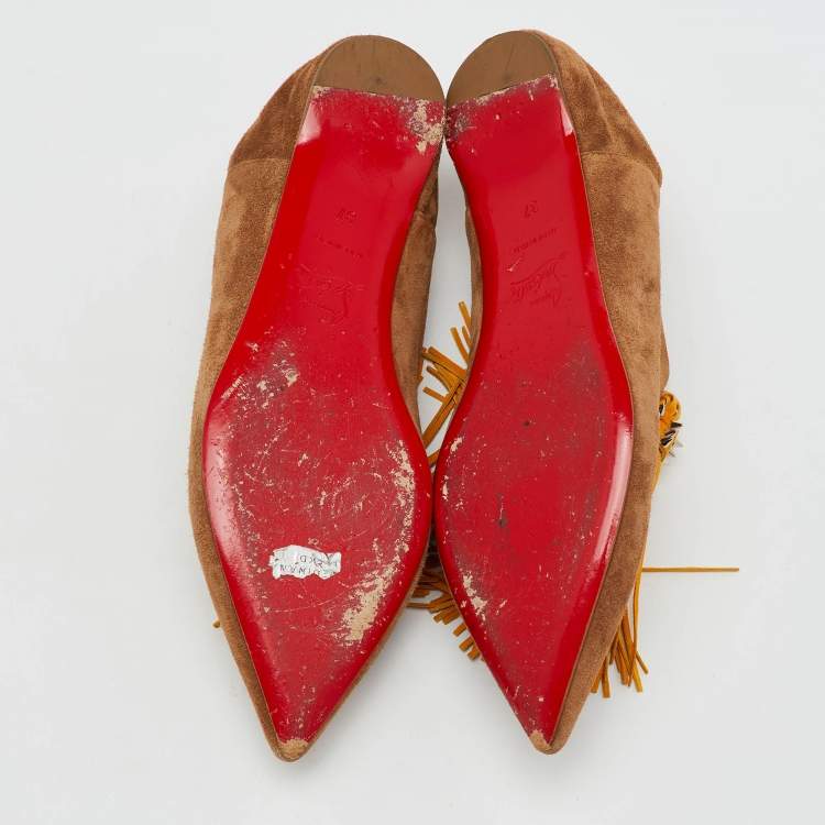 Pre Owned Christian Louboutin Brown/Yellow Suede Pointed Toe New Medinana Tassel Flats Size 37