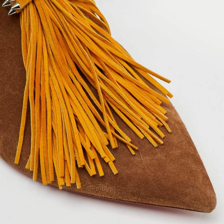 Pre Owned Christian Louboutin Brown/Yellow Suede Pointed Toe New Medinana Tassel Flats Size 37