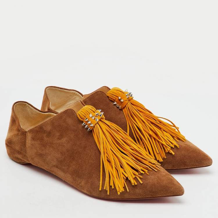 Pre Owned Christian Louboutin Brown/Yellow Suede Pointed Toe New Medinana Tassel Flats Size 37