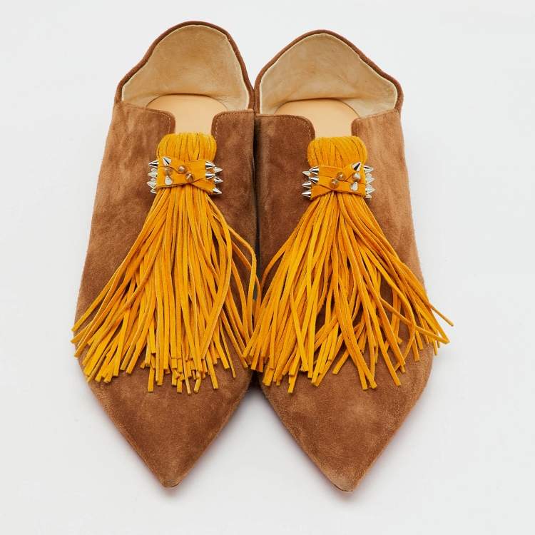 Pre Owned Christian Louboutin Brown/Yellow Suede Pointed Toe New Medinana Tassel Flats Size 37