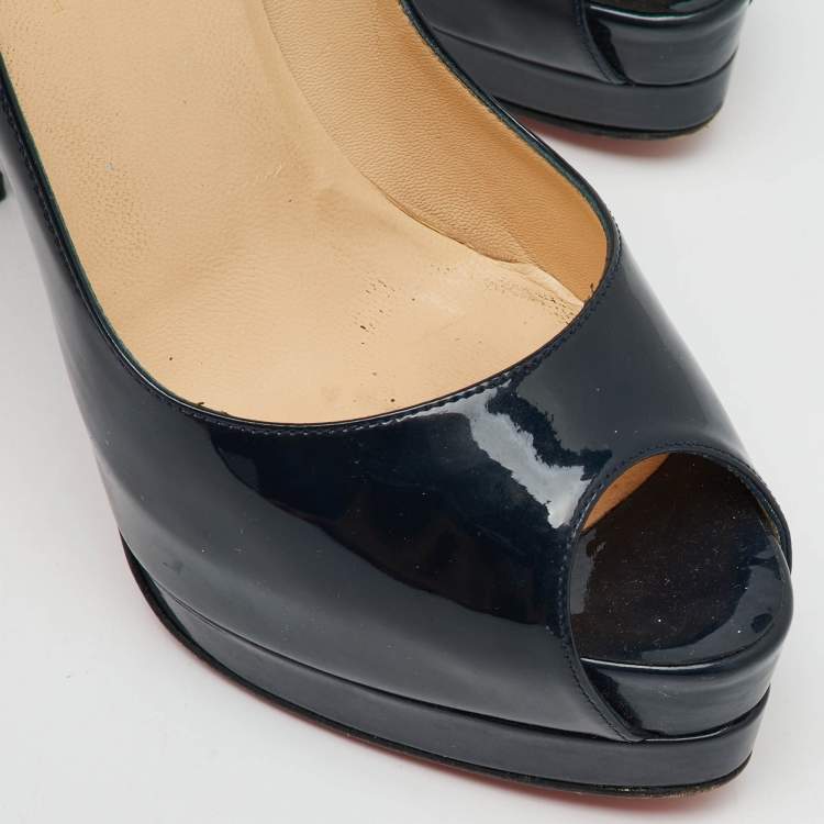 Pre Owned Christian Louboutin Navy Blue Patent Leather Altadama Peep Toe Platform Pumps Size 37.5