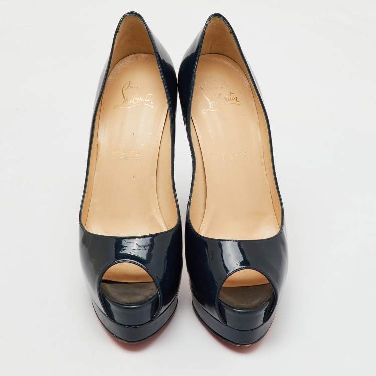 Pre Owned Christian Louboutin Navy Blue Patent Leather Altadama Peep Toe Platform Pumps Size 37.5