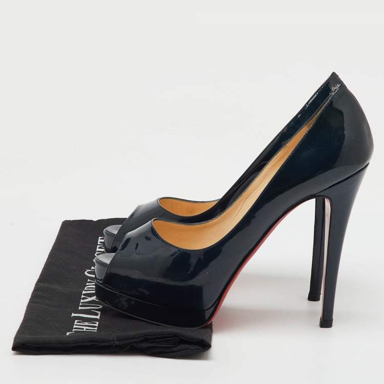 Pre Owned Christian Louboutin Navy Blue Patent Leather Altadama Peep Toe Platform Pumps Size 37.5