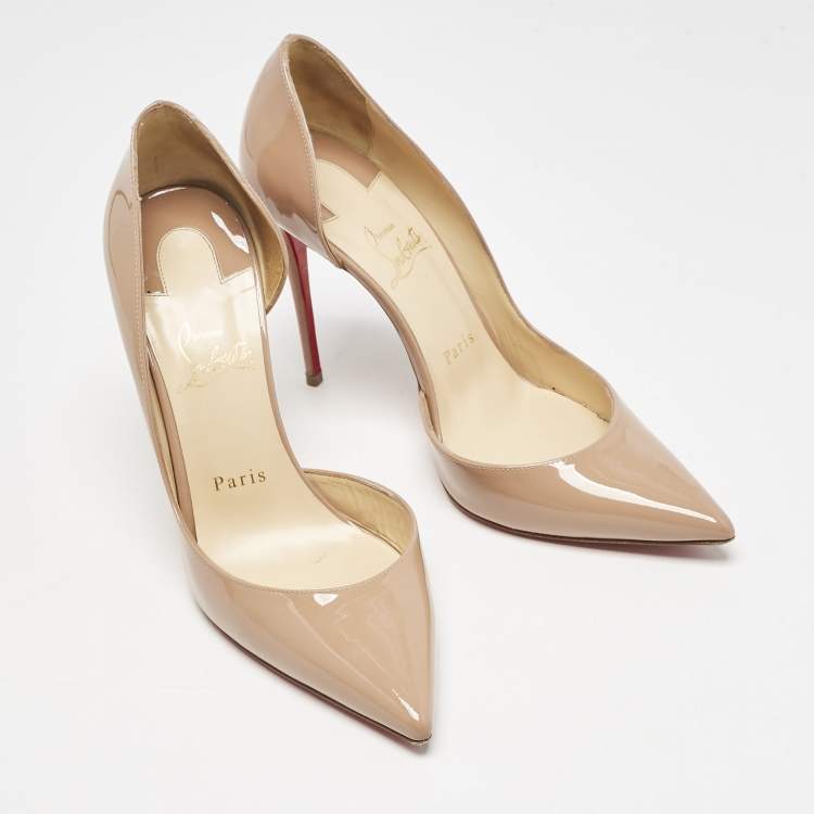 Pre Owned Christian Louboutin Beige Patent Leather Iriza D'orsay Pumps Size 38.5