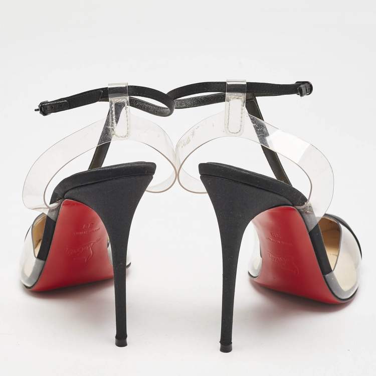 Pre Owned Christian Louboutin Black Satin and PVC Crystal Embellished Nosy Pumps Size 39