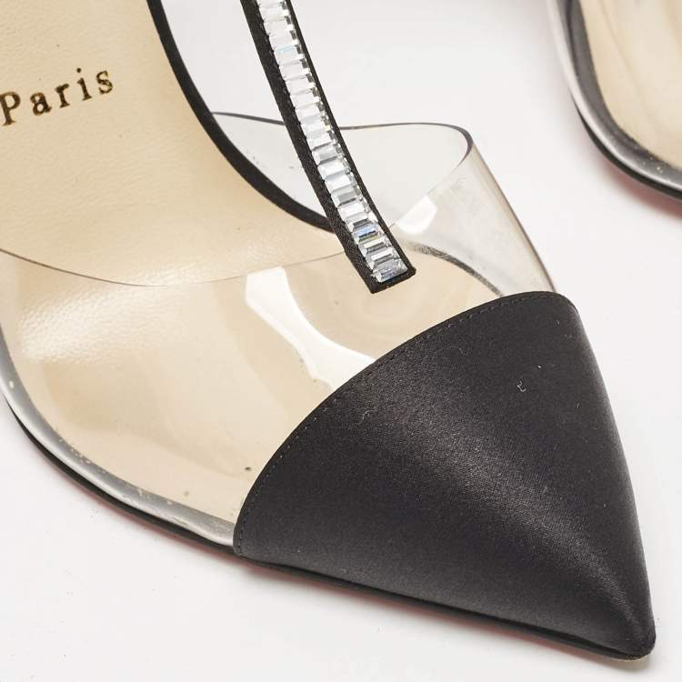 Pre Owned Christian Louboutin Black Satin and PVC Crystal Embellished Nosy Pumps Size 39
