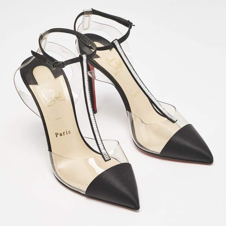 Pre Owned Christian Louboutin Black Satin and PVC Crystal Embellished Nosy Pumps Size 39