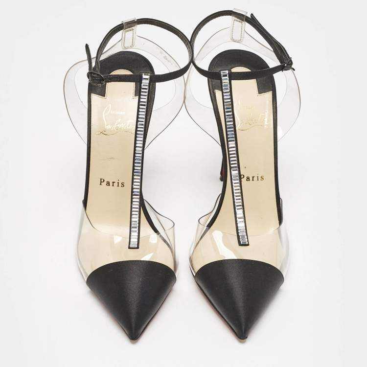 Pre Owned Christian Louboutin Black Satin and PVC Crystal Embellished Nosy Pumps Size 39