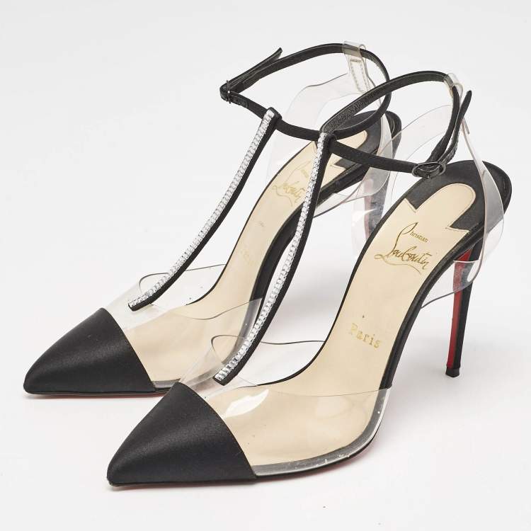 Pre Owned Christian Louboutin Black Satin and PVC Crystal Embellished Nosy Pumps Size 39