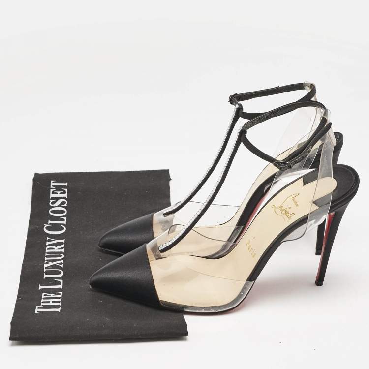 Pre Owned Christian Louboutin Black Satin and PVC Crystal Embellished Nosy Pumps Size 39