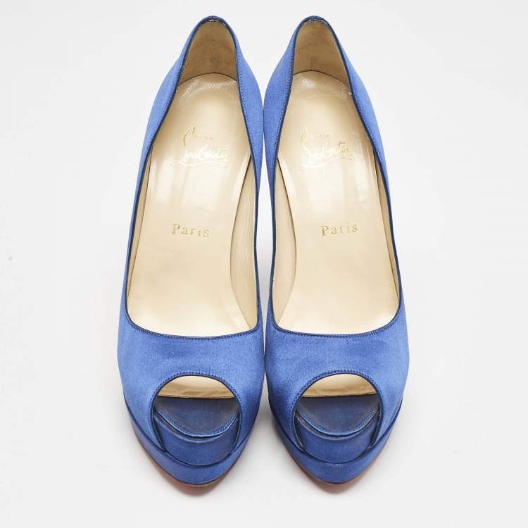 Pre Owned Christian Louboutin Blue Satin Palais Royal Platform Pumps Size 38