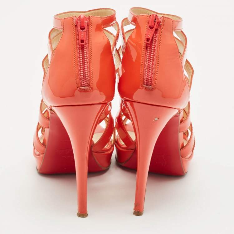 Pre Owned Christian Louboutin Orange Patent Leather Fernando Platform Sandals Size 38
