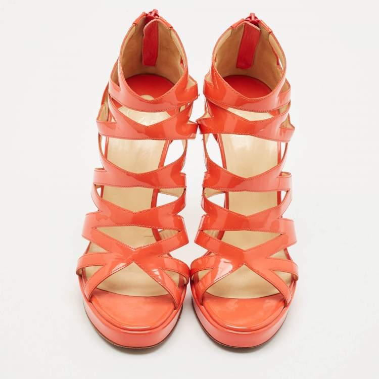Pre Owned Christian Louboutin Orange Patent Leather Fernando Platform Sandals Size 38