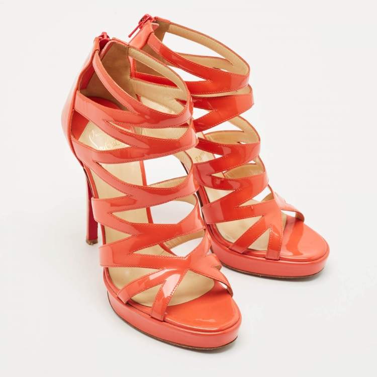 Pre Owned Christian Louboutin Orange Patent Leather Fernando Platform Sandals Size 38