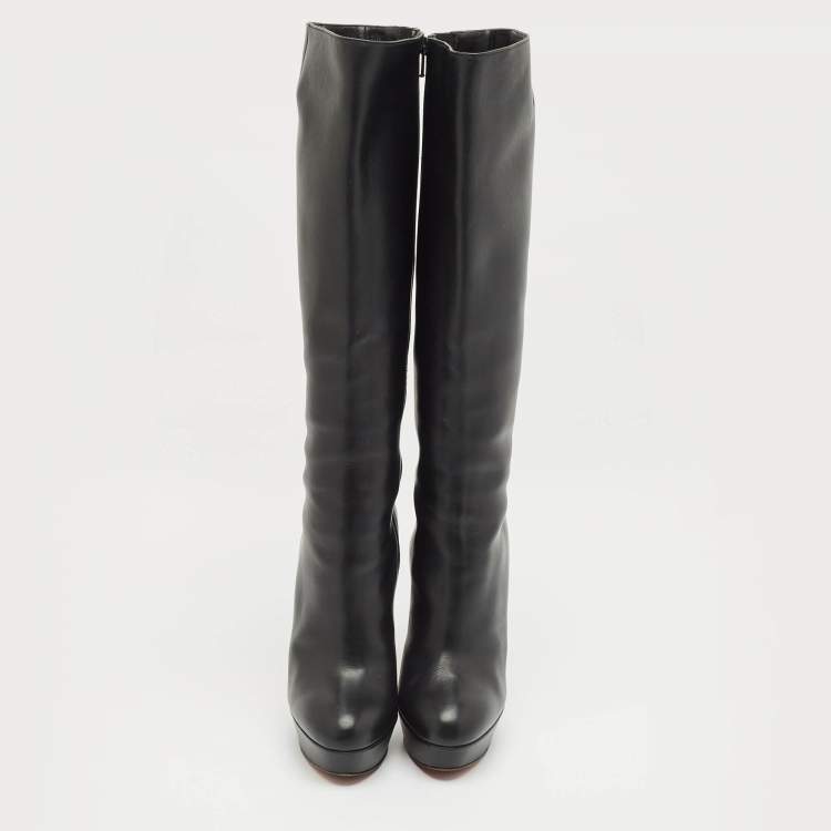 Pre Owned Christian Louboutin Black Leather Bianca Platform Knee Length Boots Size 39