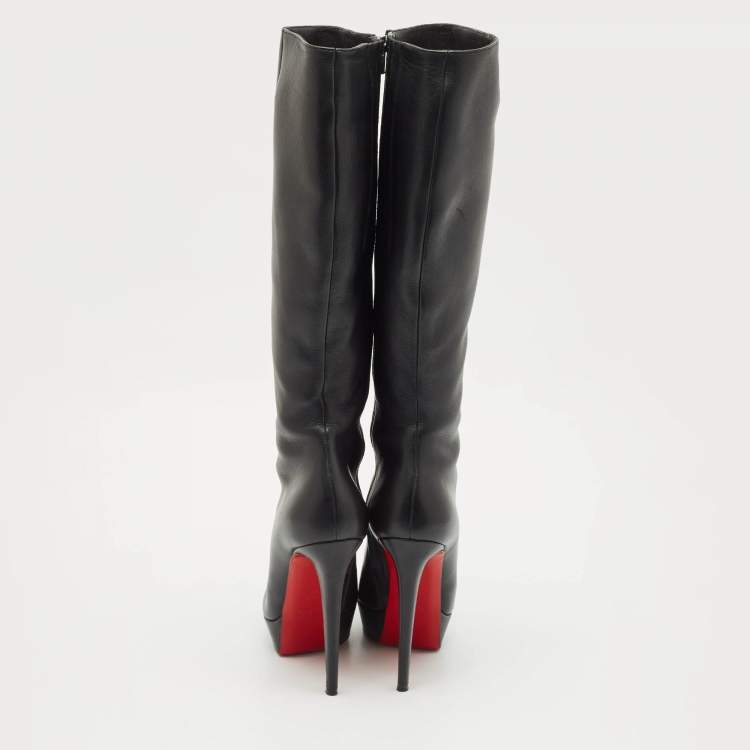 Pre Owned Christian Louboutin Black Leather Bianca Platform Knee Length Boots Size 39