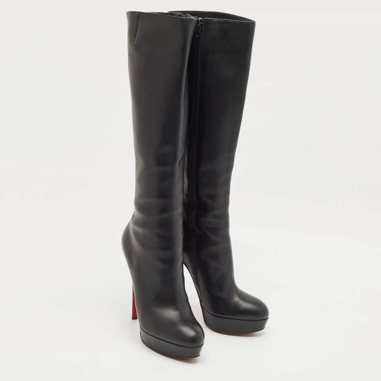 Pre Owned Christian Louboutin Black Leather Bianca Platform Knee Length Boots Size 39