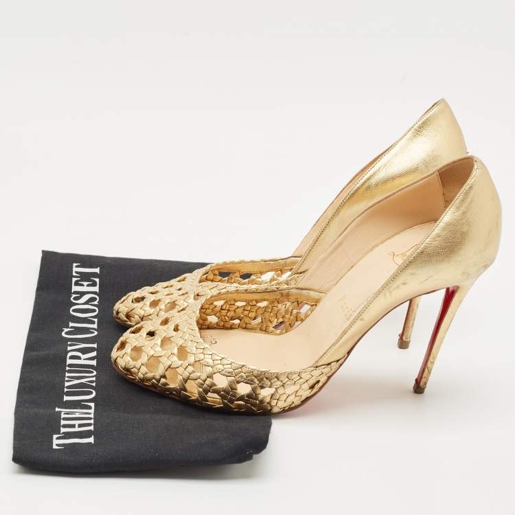 Pre Owned Christian Louboutin Gold Woven Leather Altressita Round Toe Pumps Size 37.5
