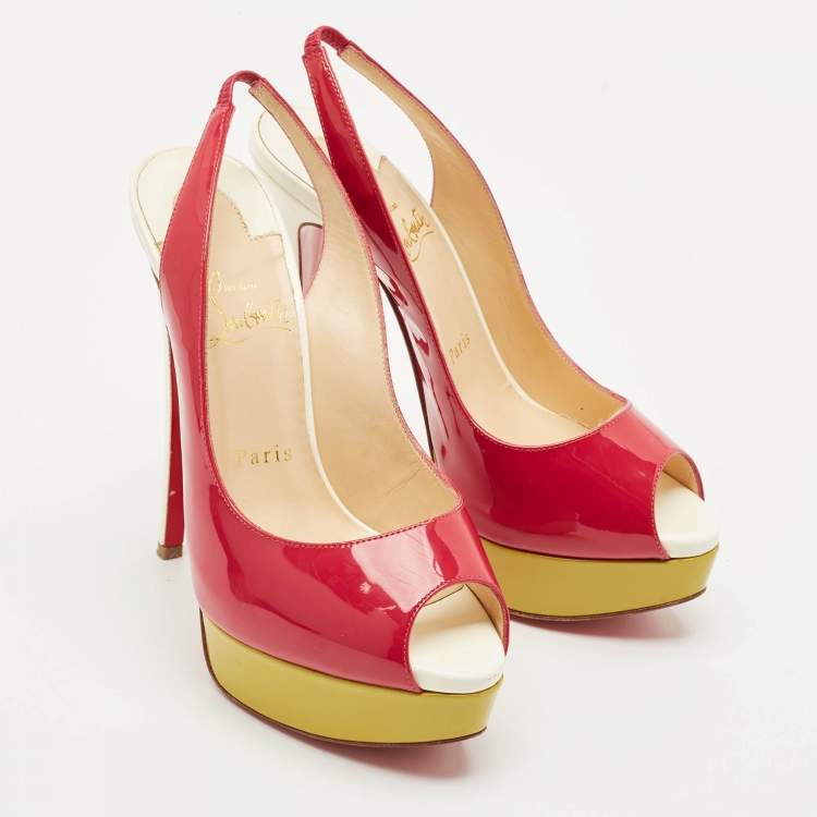 Pre Owned Christian Louboutin Multicolor Patent Leather Lady Peep Toe Platform Slingback Pumps Size 37
