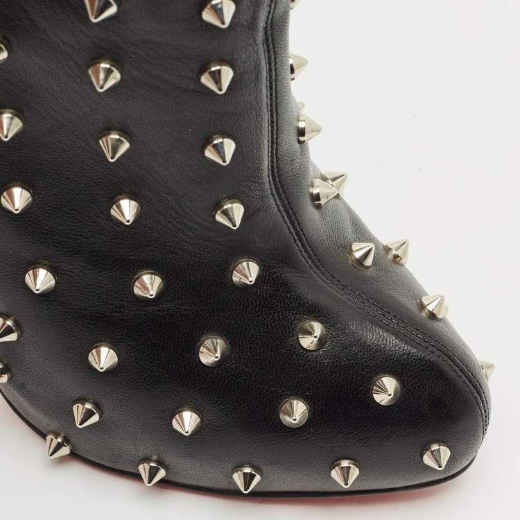 Pre Owned Christian Louboutin Black Leather Big Lips Spiked Ankle Boots Size 38.5