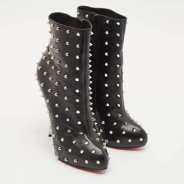 Pre Owned Christian Louboutin Black Leather Big Lips Spiked Ankle Boots Size 38.5