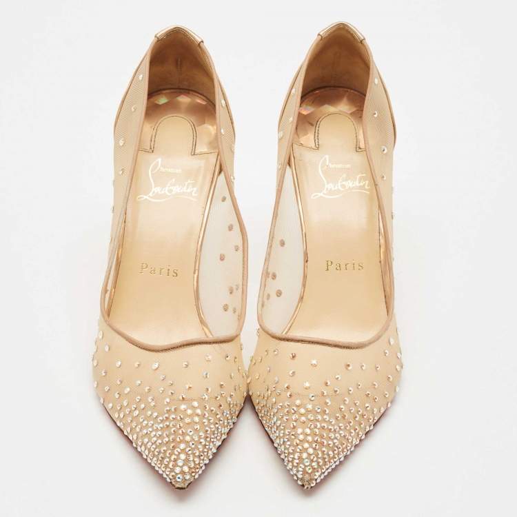 Pre Owned Christian Louboutin Beige Mesh and Patent Leather Follies Strass Pumps Size 39