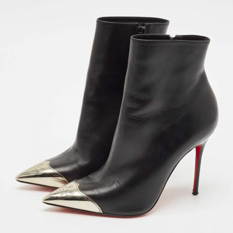 Pre Owned Christian Louboutin Black Leather Calamijane Pointed Toe Ankle Length Boots Size 38