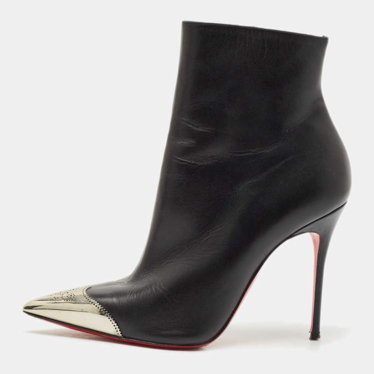 Pre Owned Christian Louboutin Black Leather Calamijane Pointed Toe Ankle Length Boots Size 38