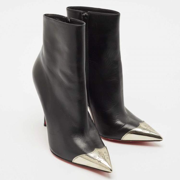 Pre Owned Christian Louboutin Black Leather Calamijane Pointed Toe Ankle Length Boots Size 38