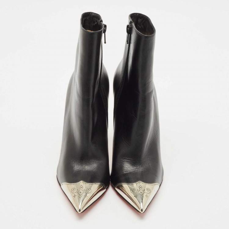 Pre Owned Christian Louboutin Black Leather Calamijane Pointed Toe Ankle Length Boots Size 38