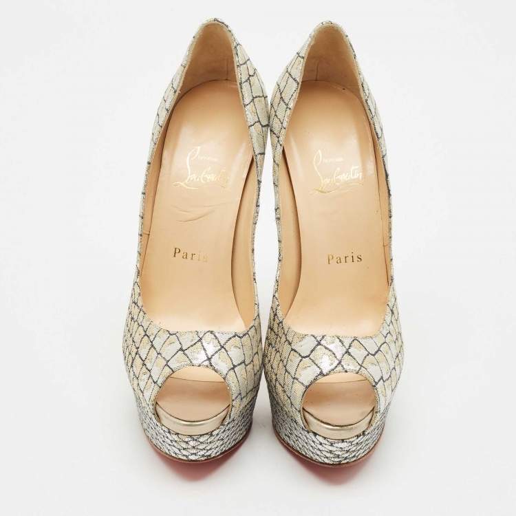 Pre Owned Christian Louboutin Silver/Gold Lurex Fabric Lady Peep Pumps Size 37