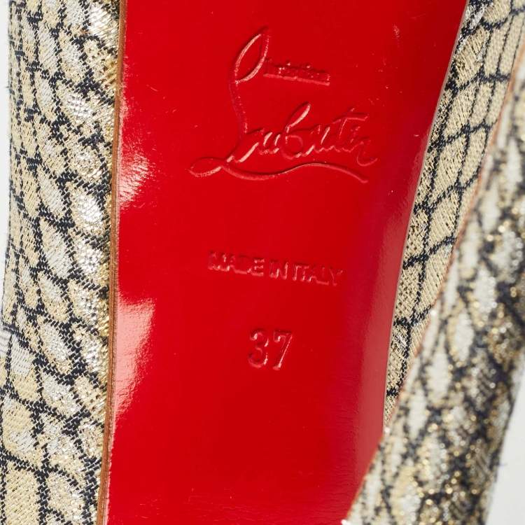 Pre Owned Christian Louboutin Silver/Gold Lurex Fabric Lady Peep Pumps Size 37