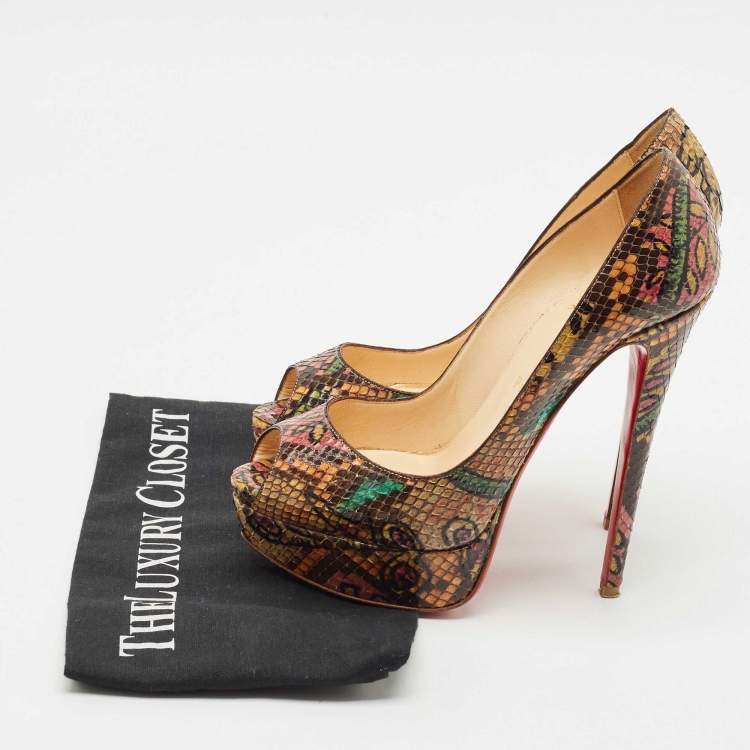 Pre Owned Christian Louboutin Multicolor Python Leather Lady Peep Toe Platform Pumps Size 37