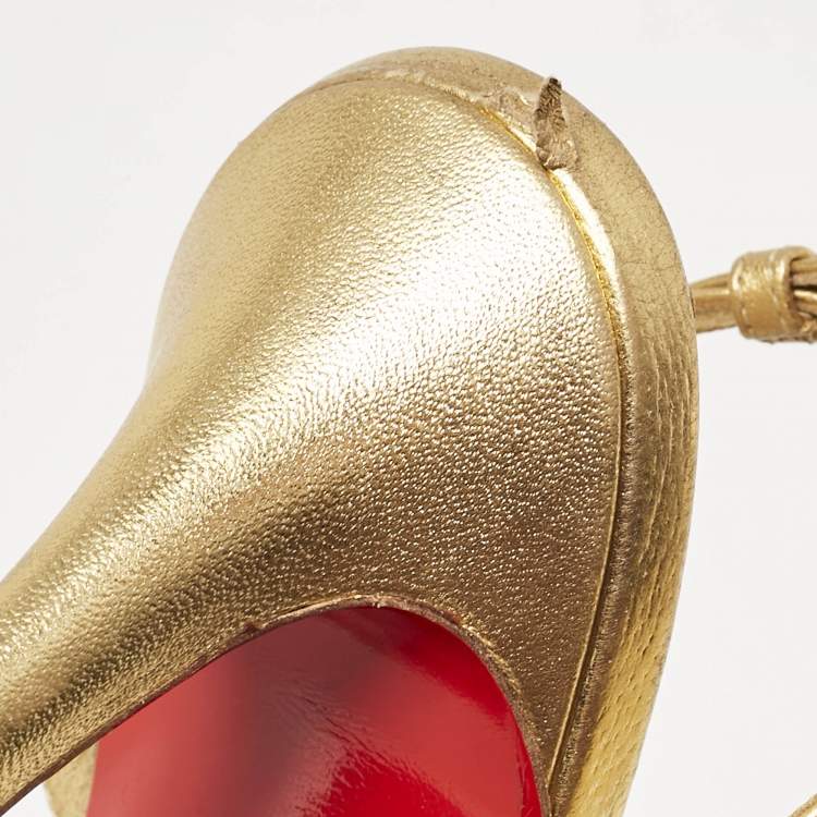 Pre Owned Christian Louboutin Gold Leather and PVC Spiked St Jeannette Ankle Strap Sandals Size 39