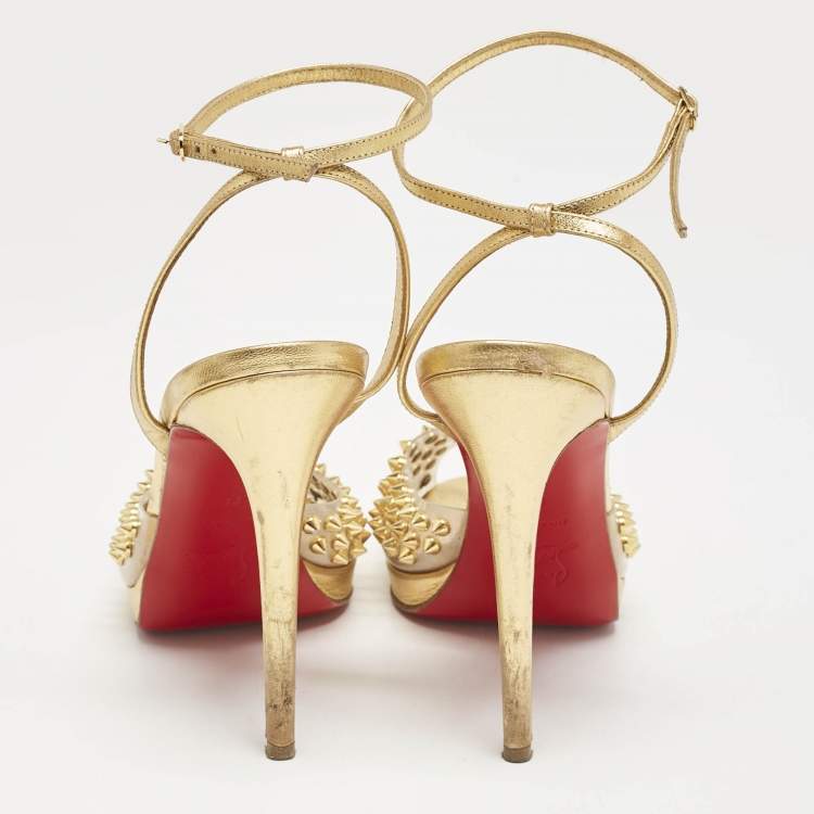 Pre Owned Christian Louboutin Gold Leather and PVC Spiked St Jeannette Ankle Strap Sandals Size 39