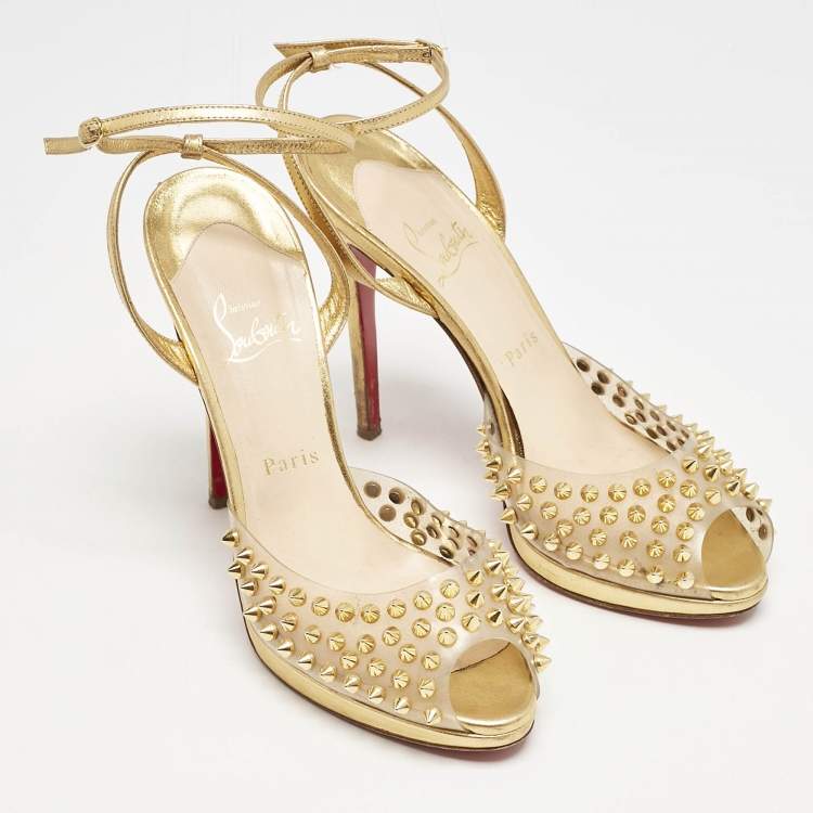 Pre Owned Christian Louboutin Gold Leather and PVC Spiked St Jeannette Ankle Strap Sandals Size 39