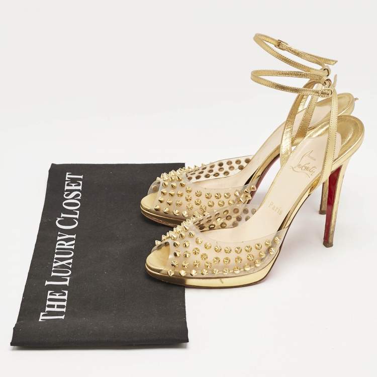 Pre Owned Christian Louboutin Gold Leather and PVC Spiked St Jeannette Ankle Strap Sandals Size 39