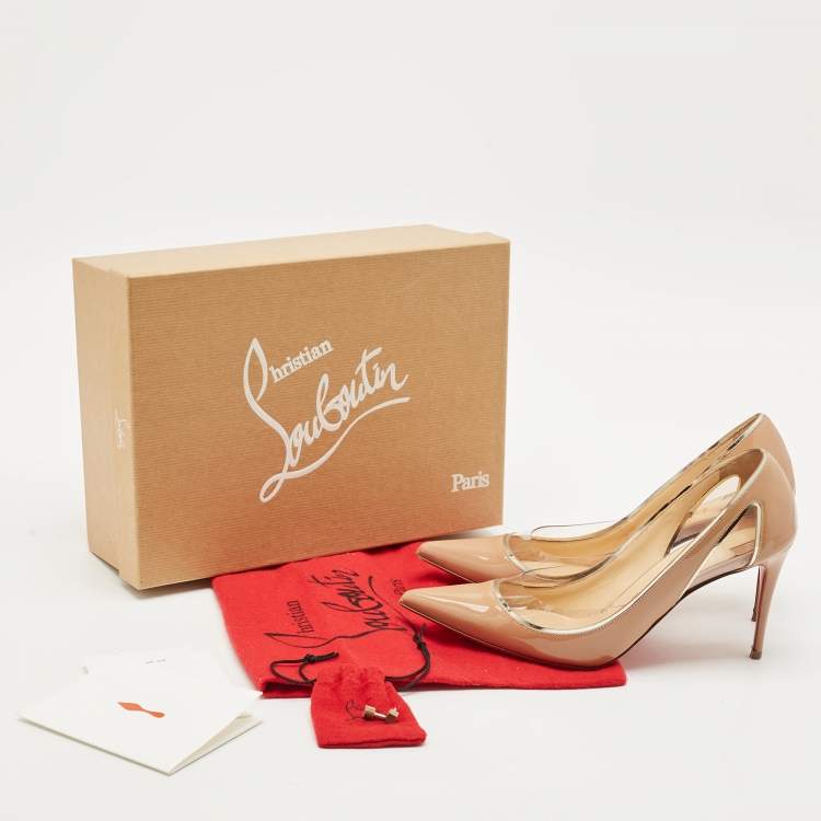 Pre Owned Christian Louboutin Beige Patent Leather and PVC Cosmo 554 Pumps Size 38.5