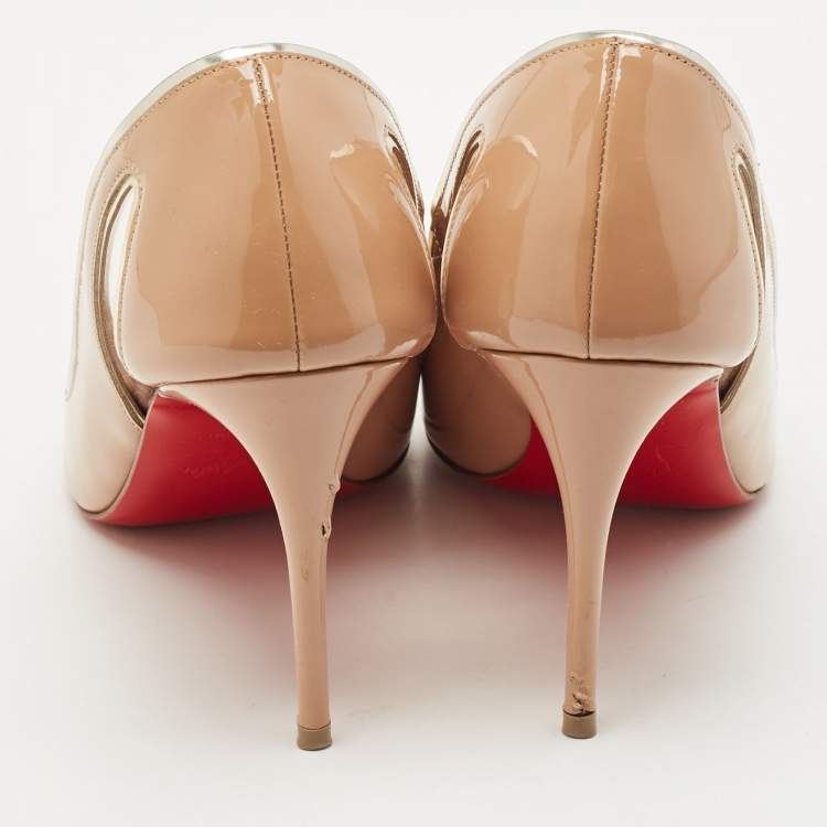 Pre Owned Christian Louboutin Beige Patent Leather and PVC Cosmo 554 Pumps Size 38.5