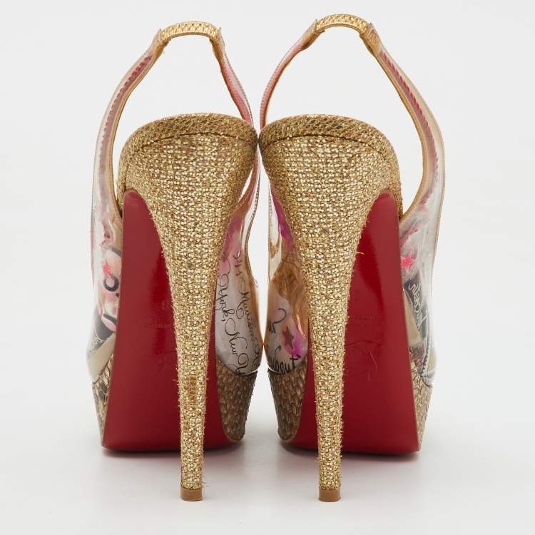 Pre Owned Christian Louboutin Multicolor PVC and Python Eco Trash Peep Toe Platform Slingback Sandals Size 38