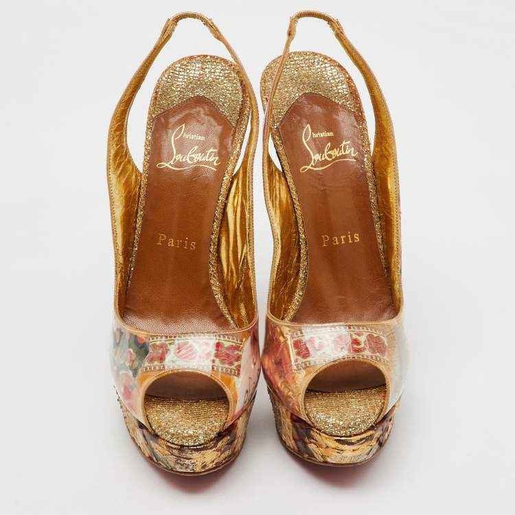 Pre Owned Christian Louboutin Multicolor PVC and Python Eco Trash Peep Toe Platform Slingback Sandals Size 38