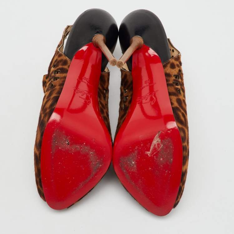 Pre Owned Christian Louboutin Brown Leopard Print Calf Hair Markesling Peep Toe Pumps Size 38