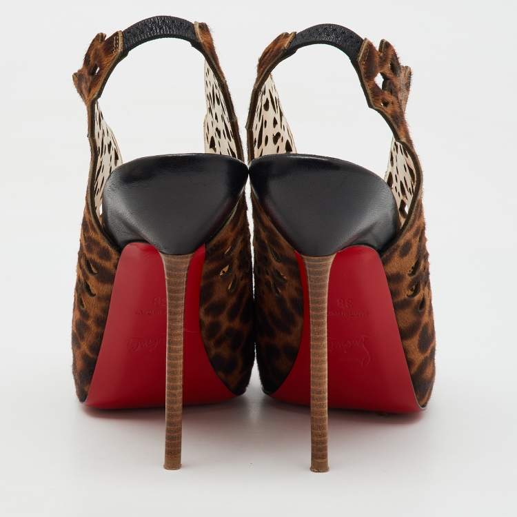 Pre Owned Christian Louboutin Brown Leopard Print Calf Hair Markesling Peep Toe Pumps Size 38