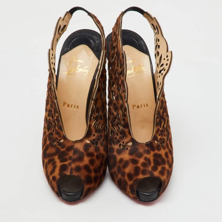 Pre Owned Christian Louboutin Brown Leopard Print Calf Hair Markesling Peep Toe Pumps Size 38