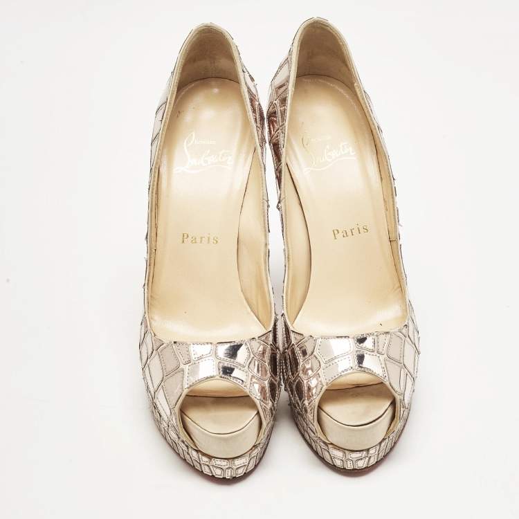 Pre Owned Christian Louboutin Metallic Mirror Leather and Satin Mosaic Sobek Platform Pumps Size 36.5