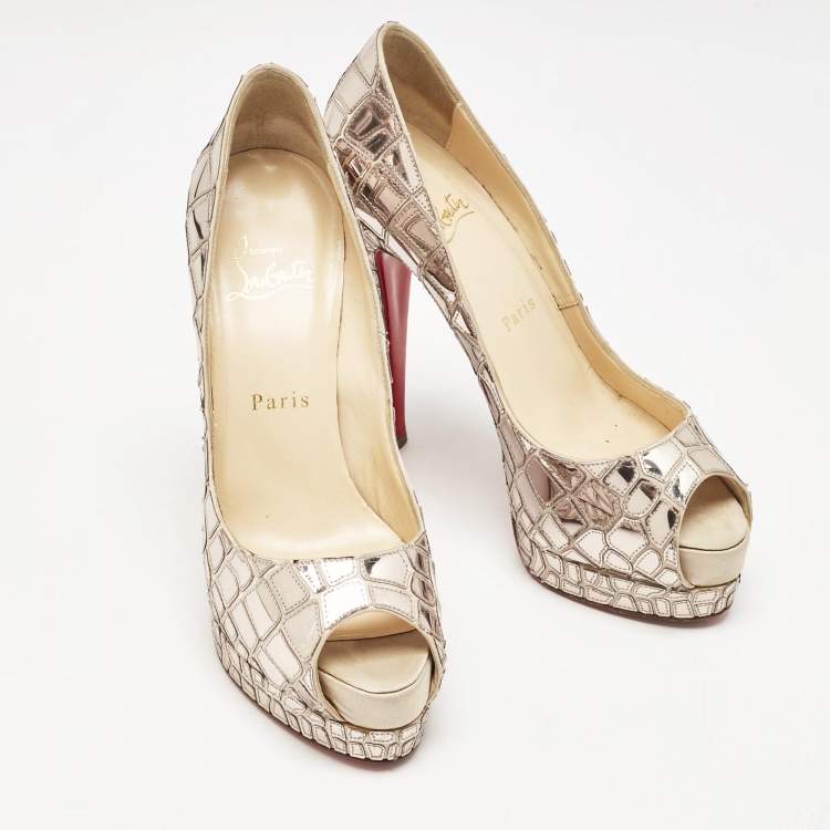 Pre Owned Christian Louboutin Metallic Mirror Leather and Satin Mosaic Sobek Platform Pumps Size 36.5